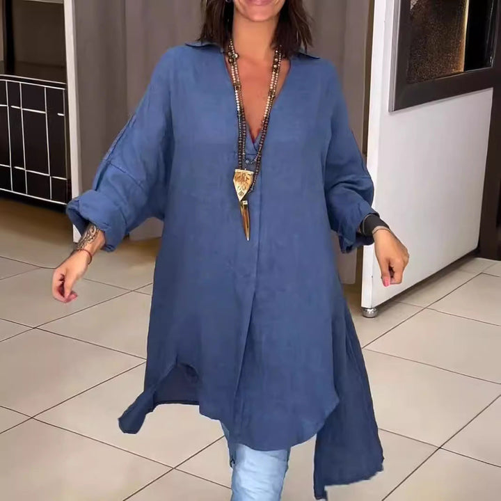 Women's Casual Button-Down Blouse with Roll-Up Sleeves