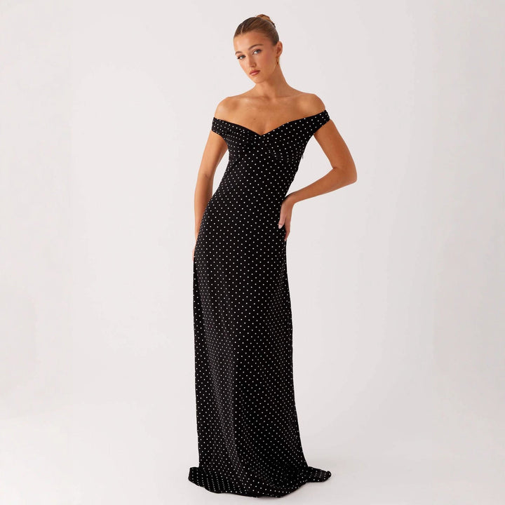 Women's Evening Dress with Off-Shoulder Design and Elegant Polka Dot Pattern EB