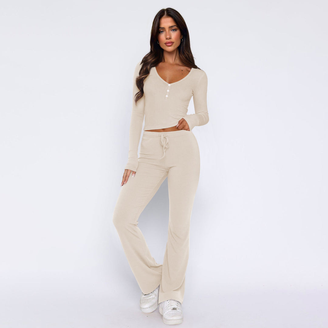 Women's Comfortable Top with Button Placket and Loose Pants EB