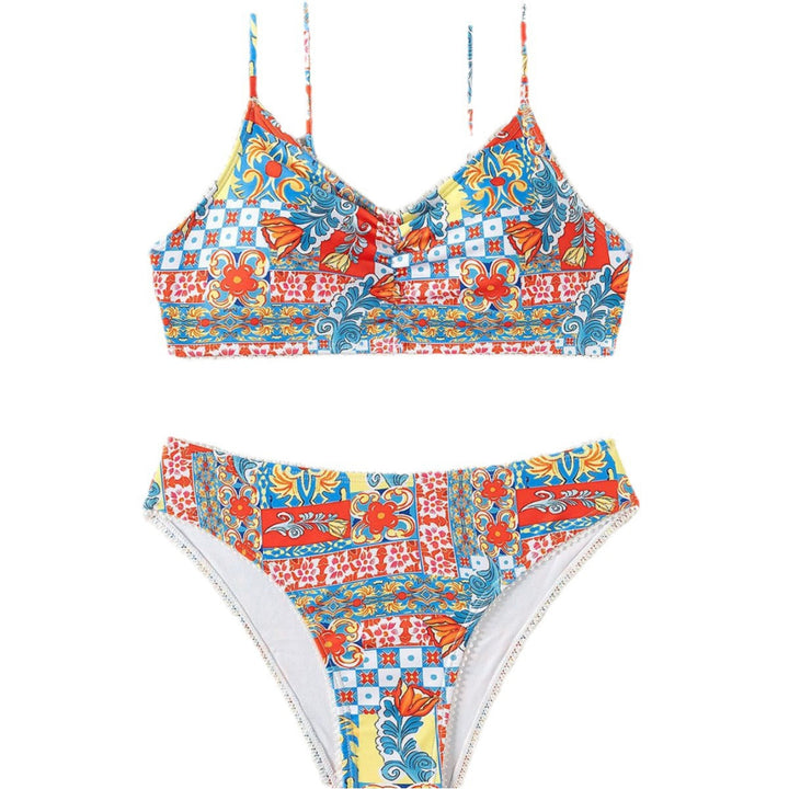Women's Bikini with Colorful Patchwork Pattern and High Waist EB