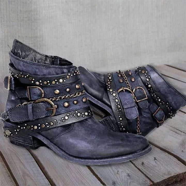 Women's Western Ankle Boots with Buckle Strap and Chains