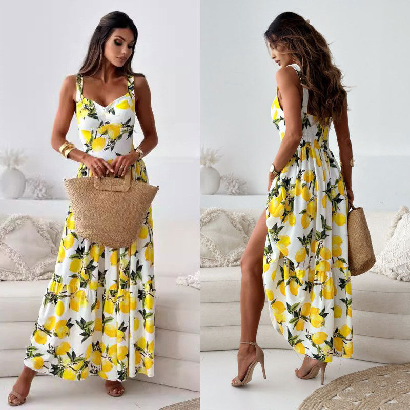 Women's Zesty Lemon Print Maxi Dress - Summer Style