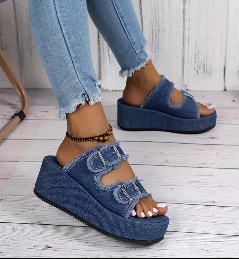 Women's Comfortable Denim Platform Sandals with Double Strap EB