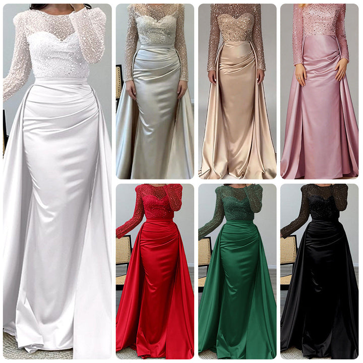 Women's Evening Dress with Sparkling Sequin Top and Elegant Satin Skirt EB