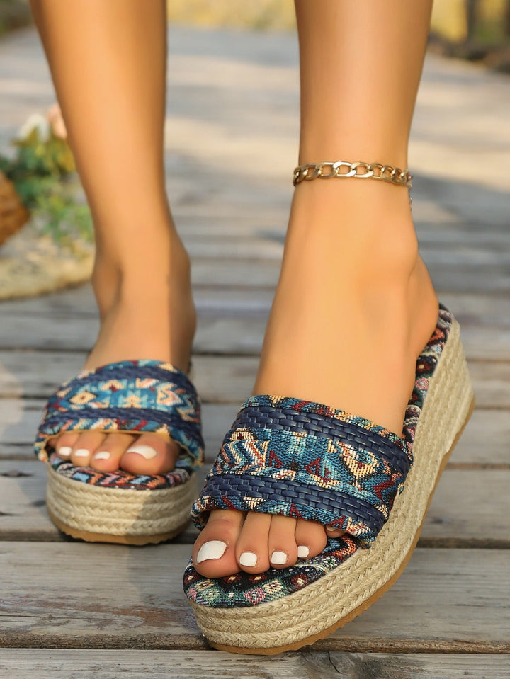 Women’s Flat Sandals with Ethnic Fabric and Braided Sole - Natalia