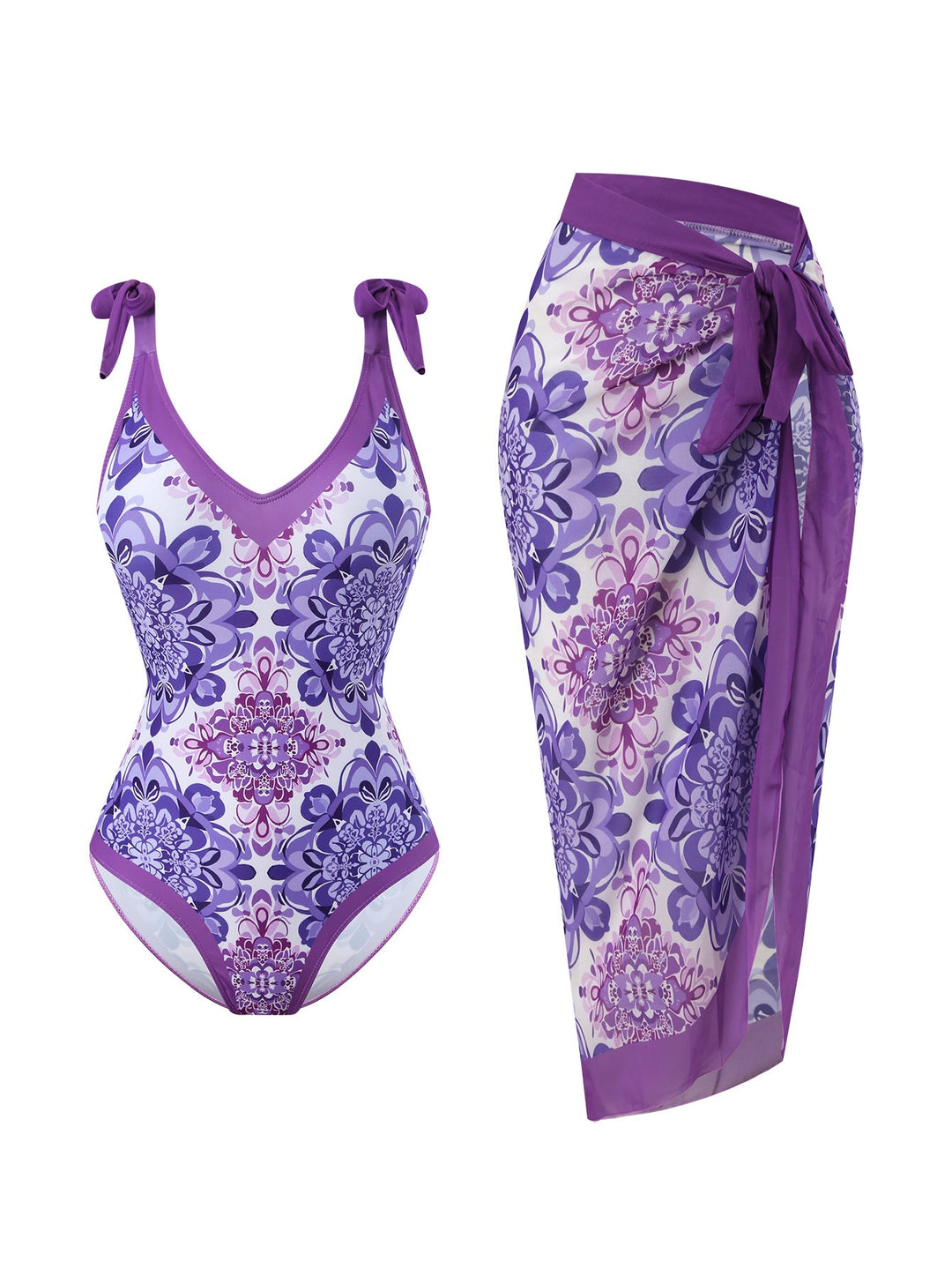 Women's Swimsuit with Floral Design and Transparent Wrap Skirt EB