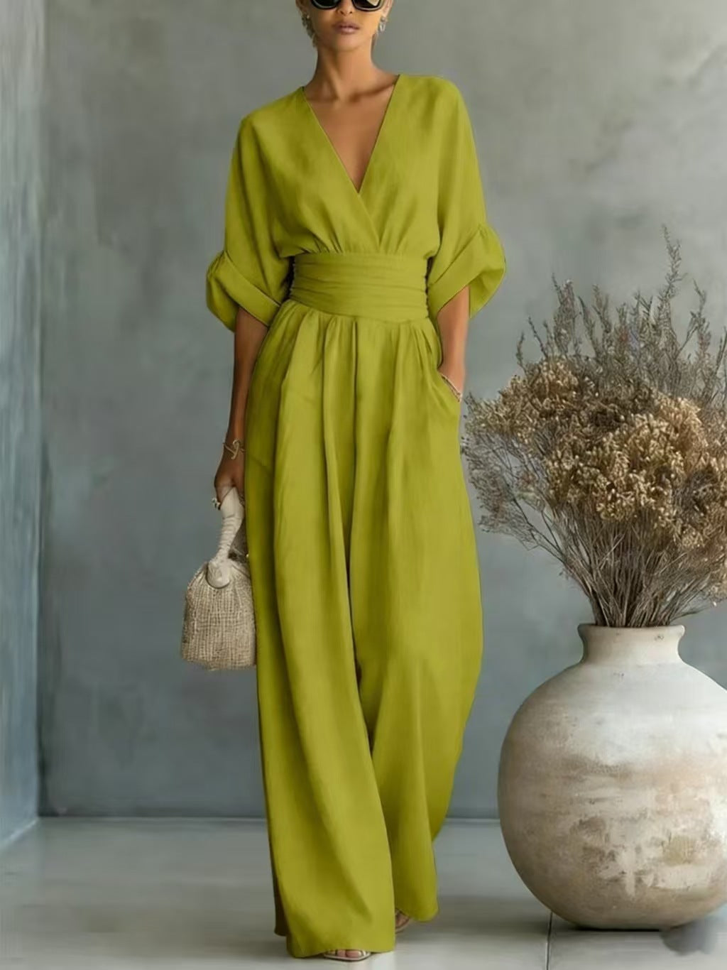 COMBINATION WITH V-NECK AND WIDE LEGS FOR WOMEN