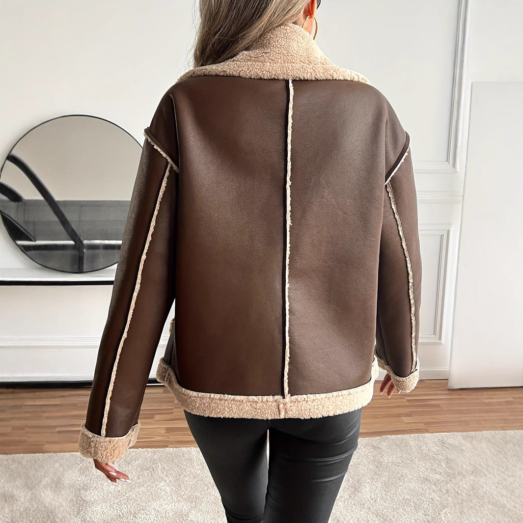 Women's Teddy Fur Jacket with Button Placket and Side Pockets