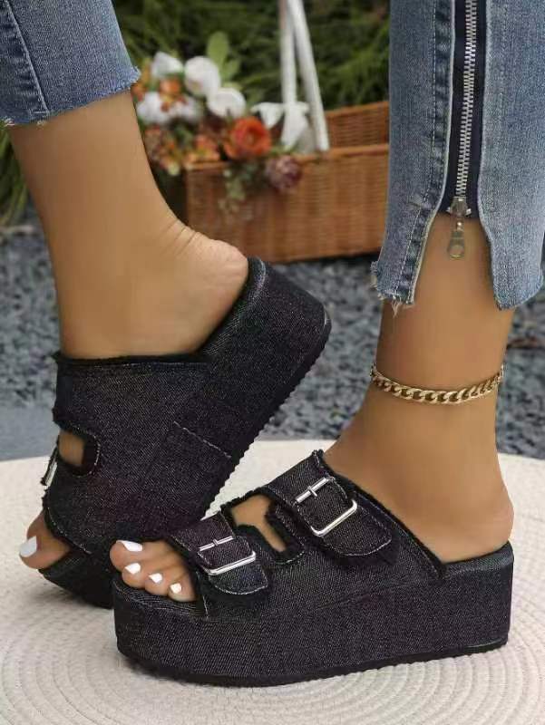 Women's Comfortable Denim Platform Sandals with Double Strap EB, view 10 - Elena Harper
