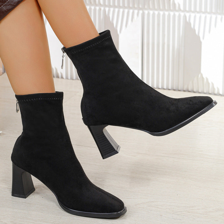Women’s Suede Ankle Boots with Block Heel and Zipper
