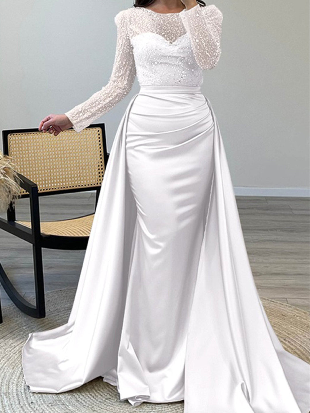 Women's Evening Dress with Sparkling Sequin Top and Elegant Satin Skirt EB