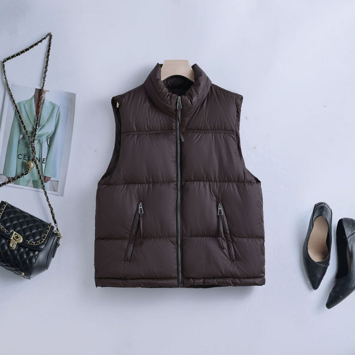 Women's Padded Quilted Vest with High Stand-Up Collar and Two-Way Zipper