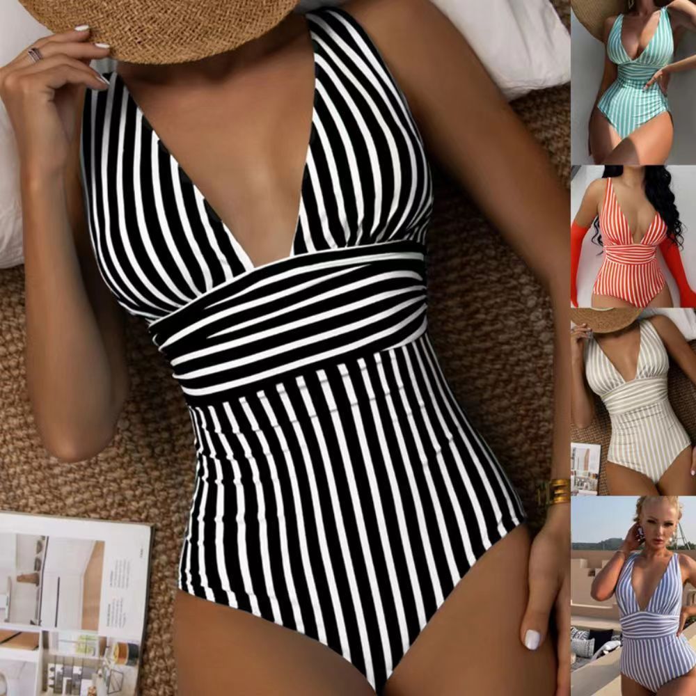 Women's Swimsuit with Deep V-Neck and Striped Pattern EB