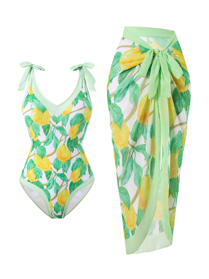 Women's Swimsuit with Floral Design and Transparent Wrap Skirt EB