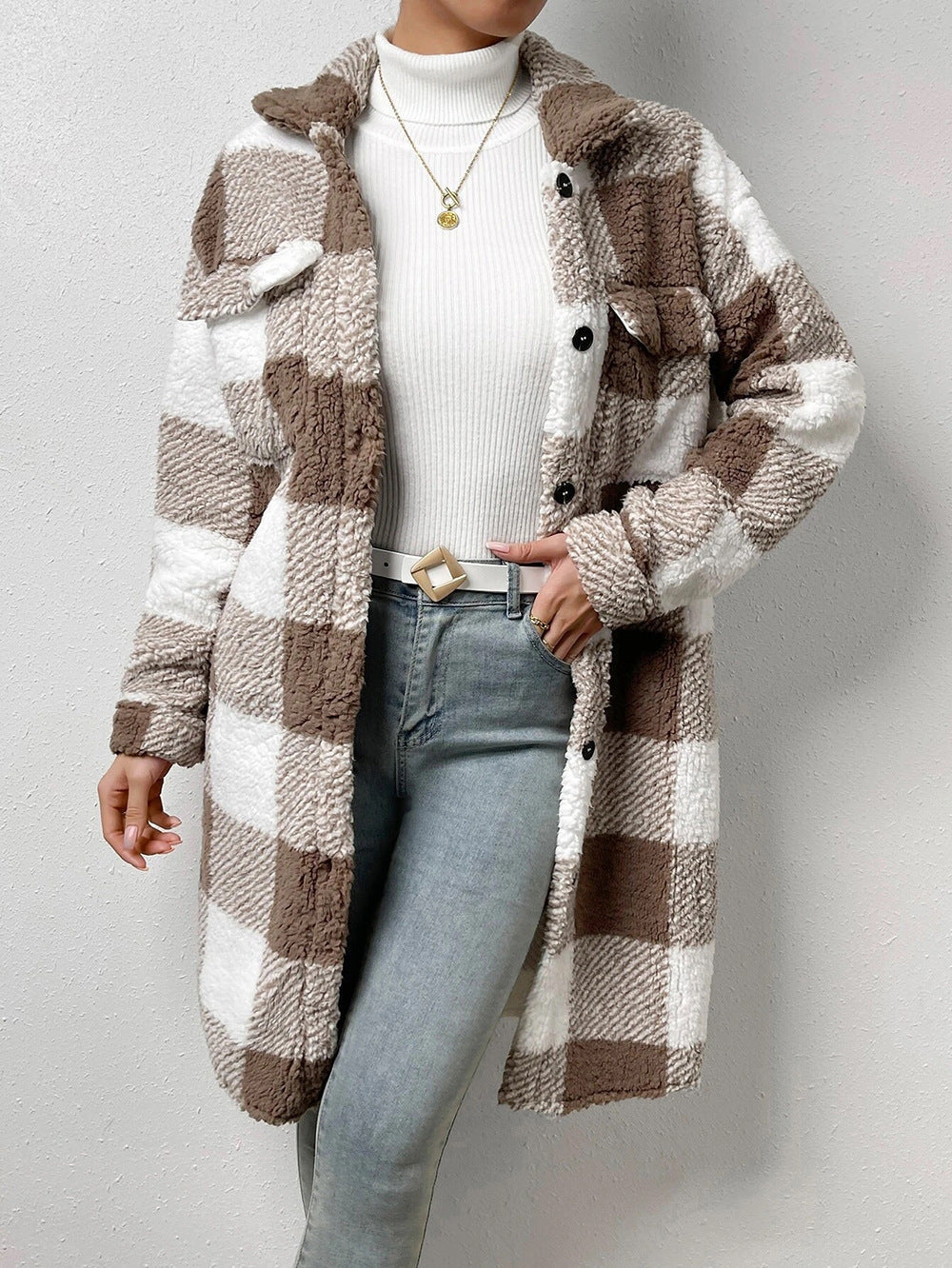 Women's Long Coat with Check Pattern and Pockets