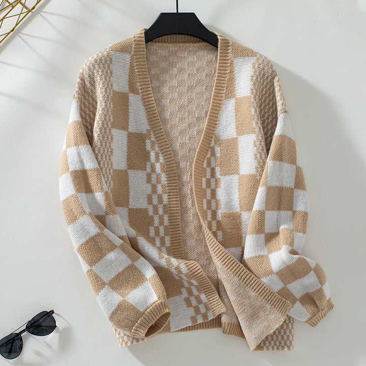 Casual Knitted Plaid Cardigan