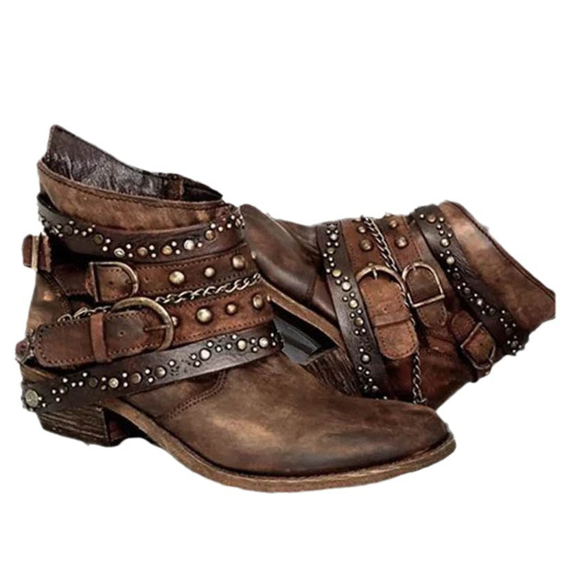 Women's Western Ankle Boots with Buckle Strap and Chains