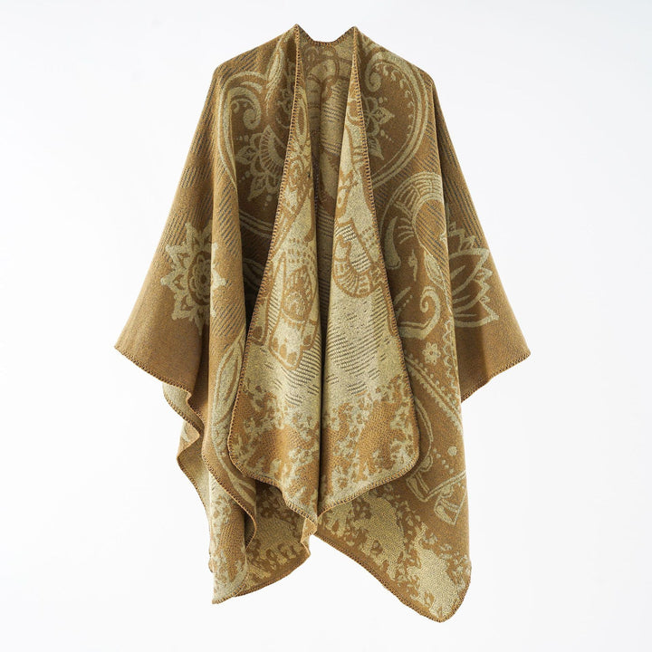 Women's Poncho with Floral Pattern and Fringes