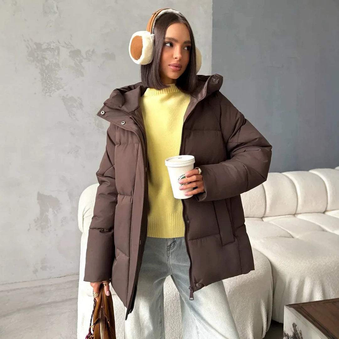 Women's Oversized Padded Jacket with Hood and Integrated Pockets