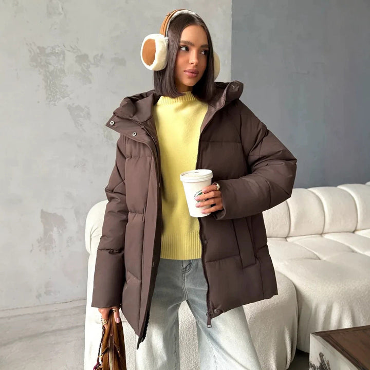Women's Oversized Padded Jacket with Hood and Integrated Pockets