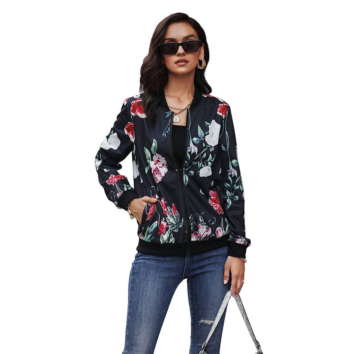Women's Floral Bomber Jacket with Zipper, Ribbed Cuffs, and Pockets Echoarchiv, view 5 - Elena Harper