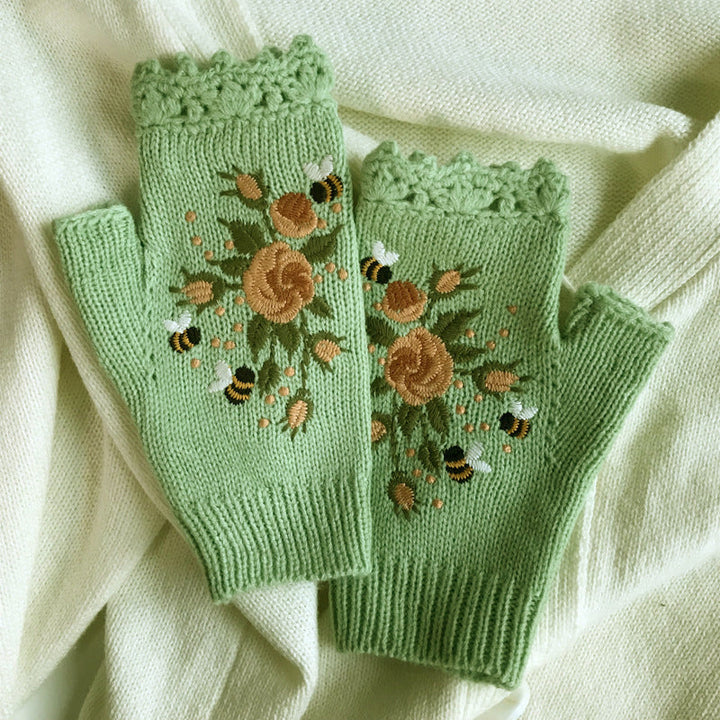 Warm Gloves with Floral Embroidery