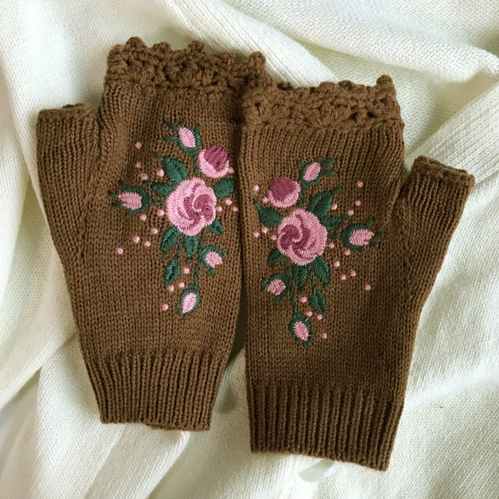 Warm Gloves with Floral Embroidery