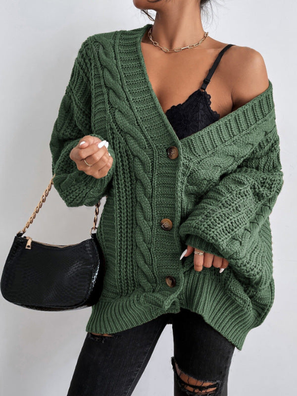 Women's Chunky Cable Knit Oversized Cardigan with Button Closure