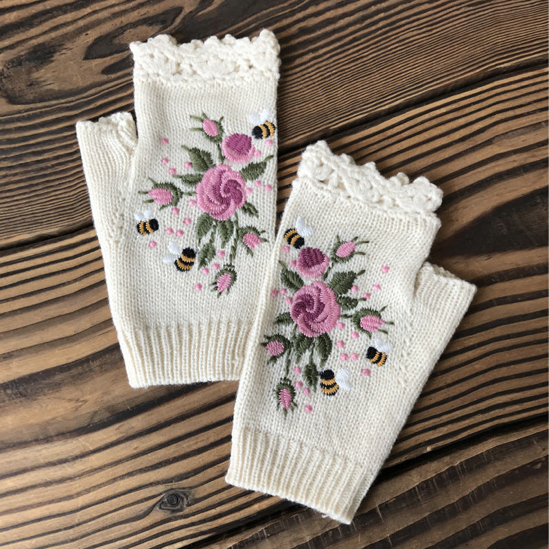 Warm Gloves with Floral Embroidery