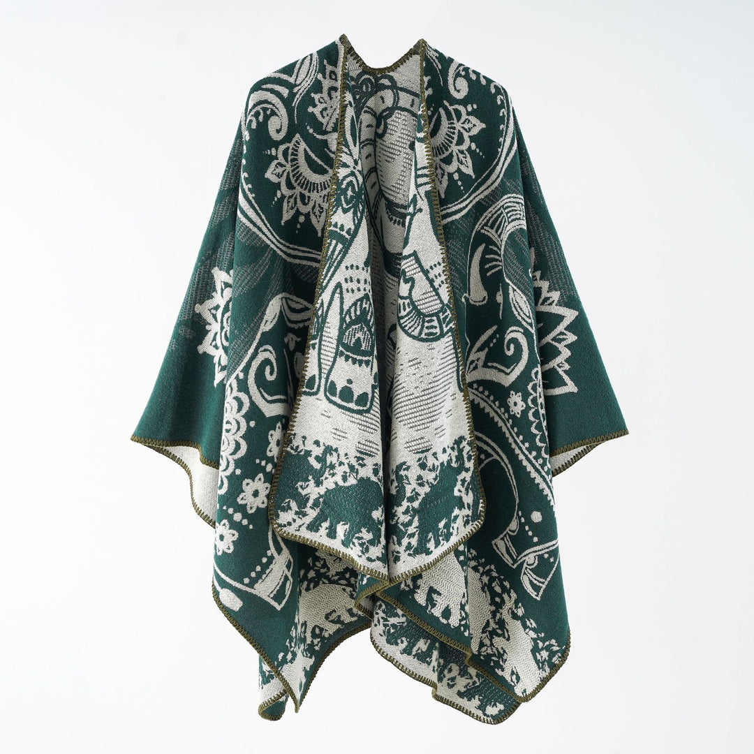 Women's Poncho with Floral Pattern and Fringes