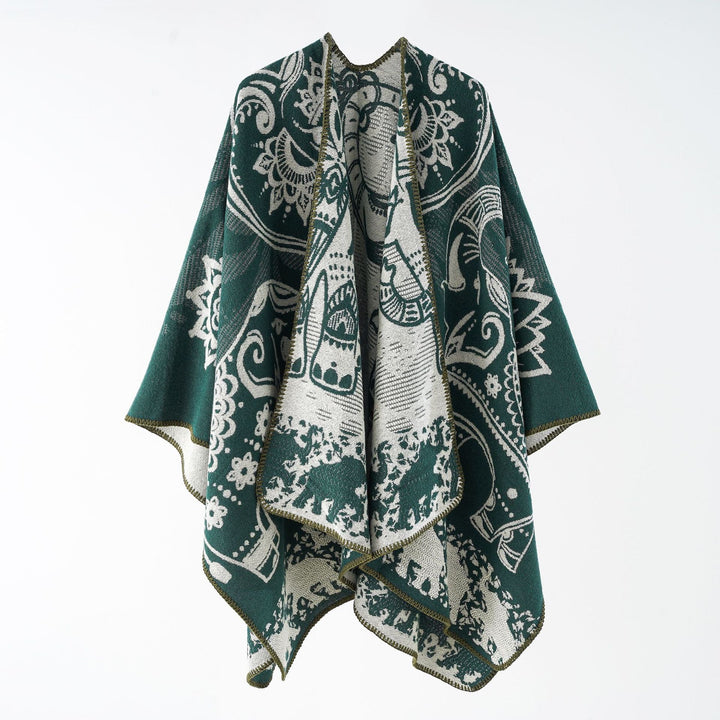 Women's Poncho with Floral Pattern and Fringes