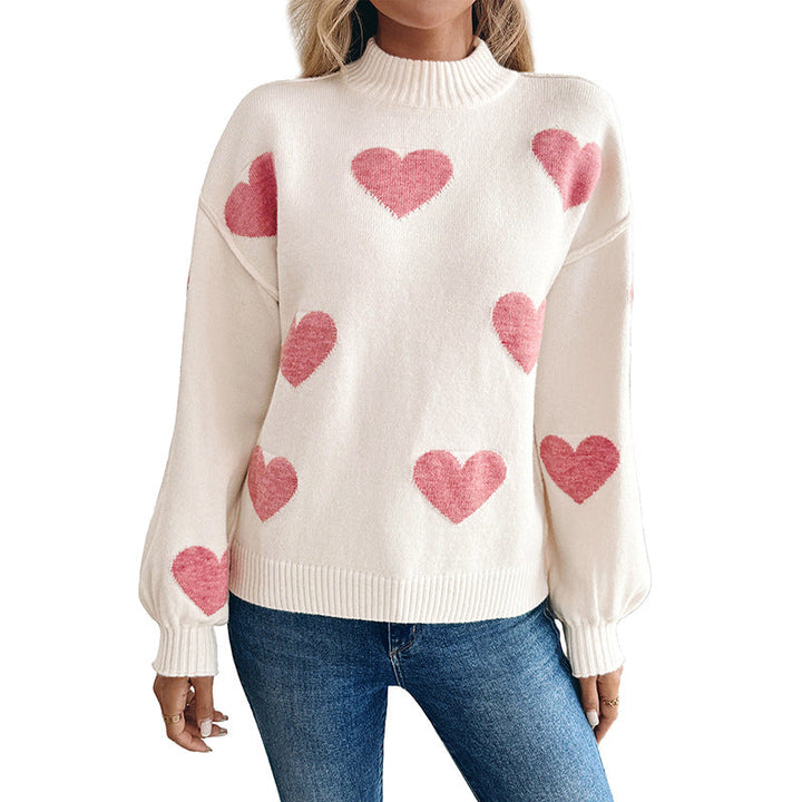 Women's Sweater with Heart Intarsias and Stand-Up Collar