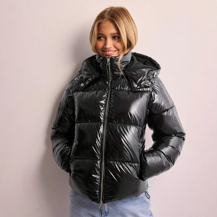 Ladies Shiny Padded Jacket with Removable Hood – Lightweight