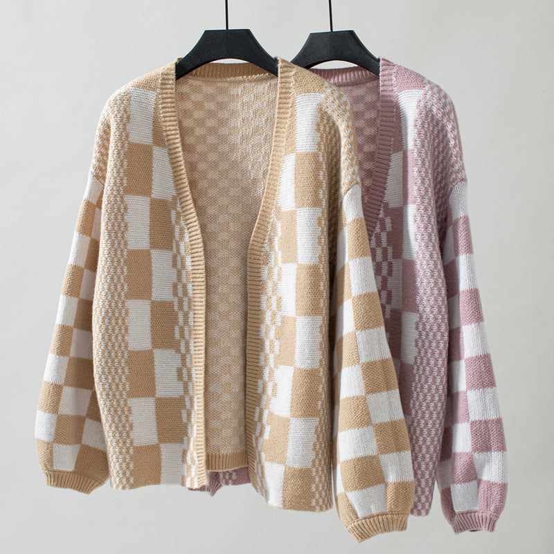 Casual Knitted Plaid Cardigan