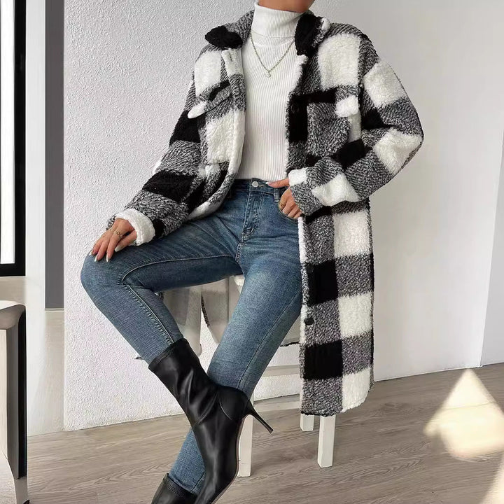 Women's Long Coat with Check Pattern and Pockets