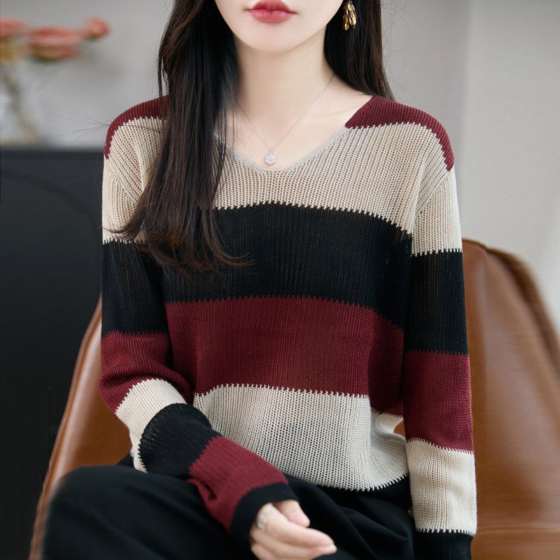 Women's V-Neck Sweater with Stripes