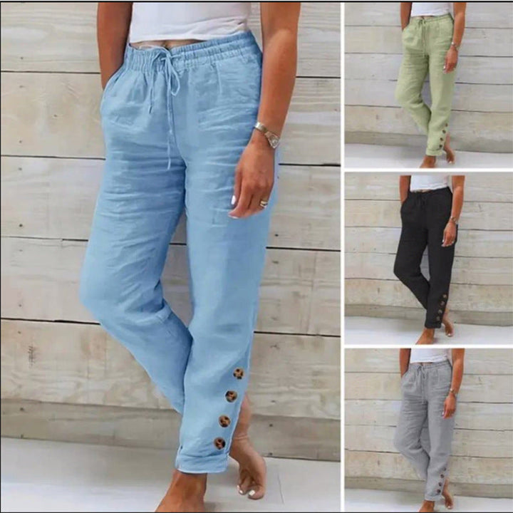 Women's Lightweight Cotton Pants with Elastic Waist and Decorative Buttons