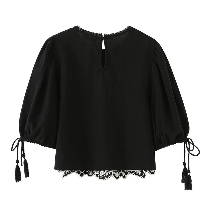 Women's Embroidered Blouse with Bell Sleeves, Tassels, and Floral Lace Trim Echoarchiv, view 4 - Elena Harper