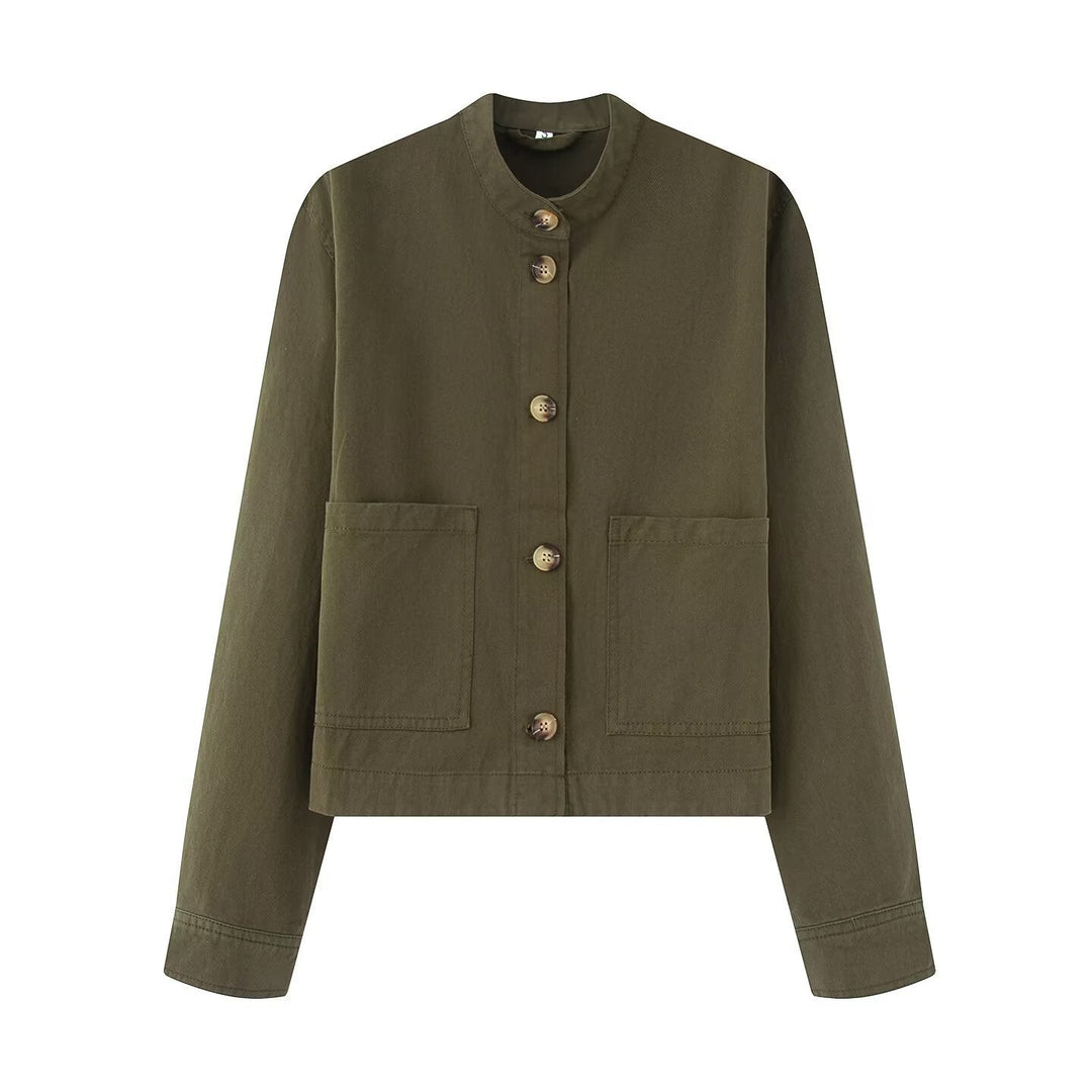 Women's Cotton Jacket with Button Placket and Practical Pockets EB