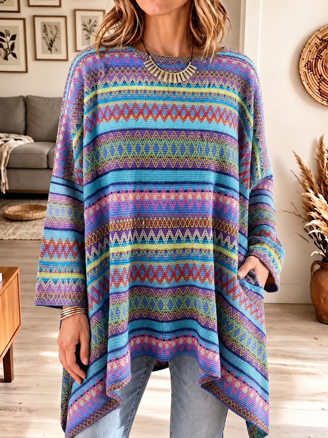 Women's Poncho Sweater with Asymmetrical Hem and Pockets