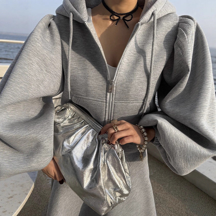 Women's Sweat Set with Balloon Sleeves and Flared Midi Skirt