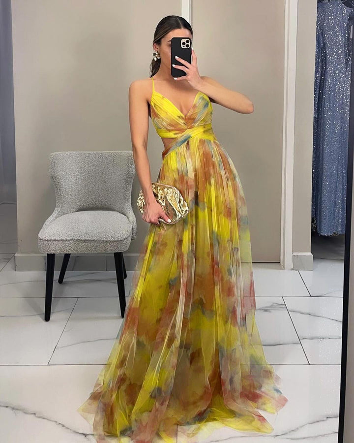 Women's Evening Dress with Flowing Chiffon and Elegant Wrap Look EB