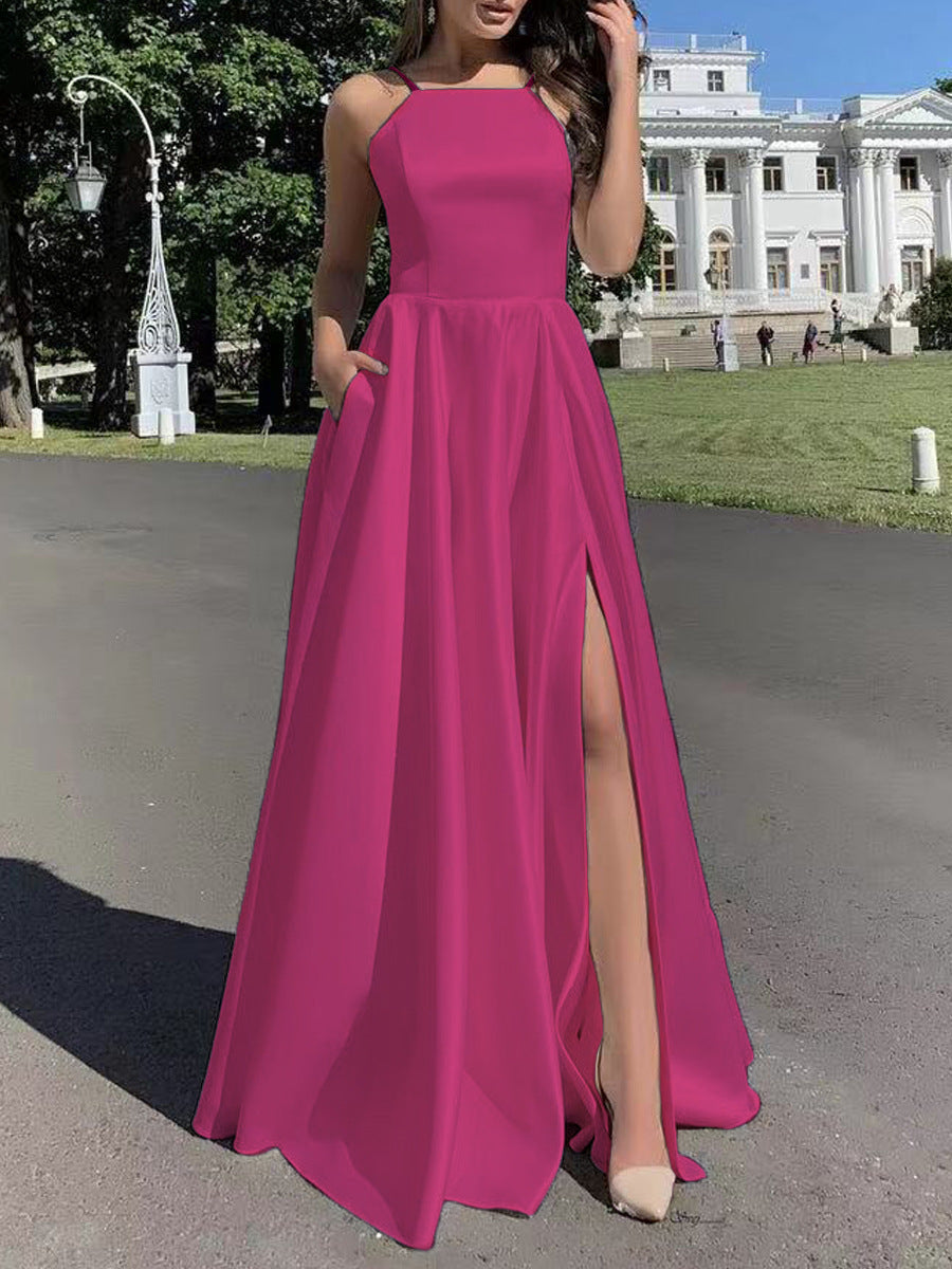 Ladies Evening Dress with Sophisticated Leg Slit and Slim Straps EB