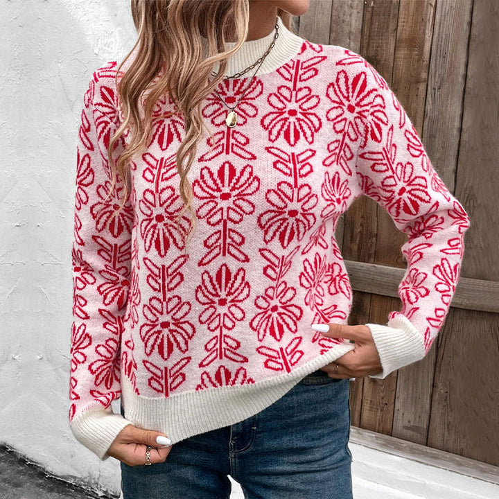 Women's Sweater with Round Neck, Floral Pattern, and Ribbed Cuffs
