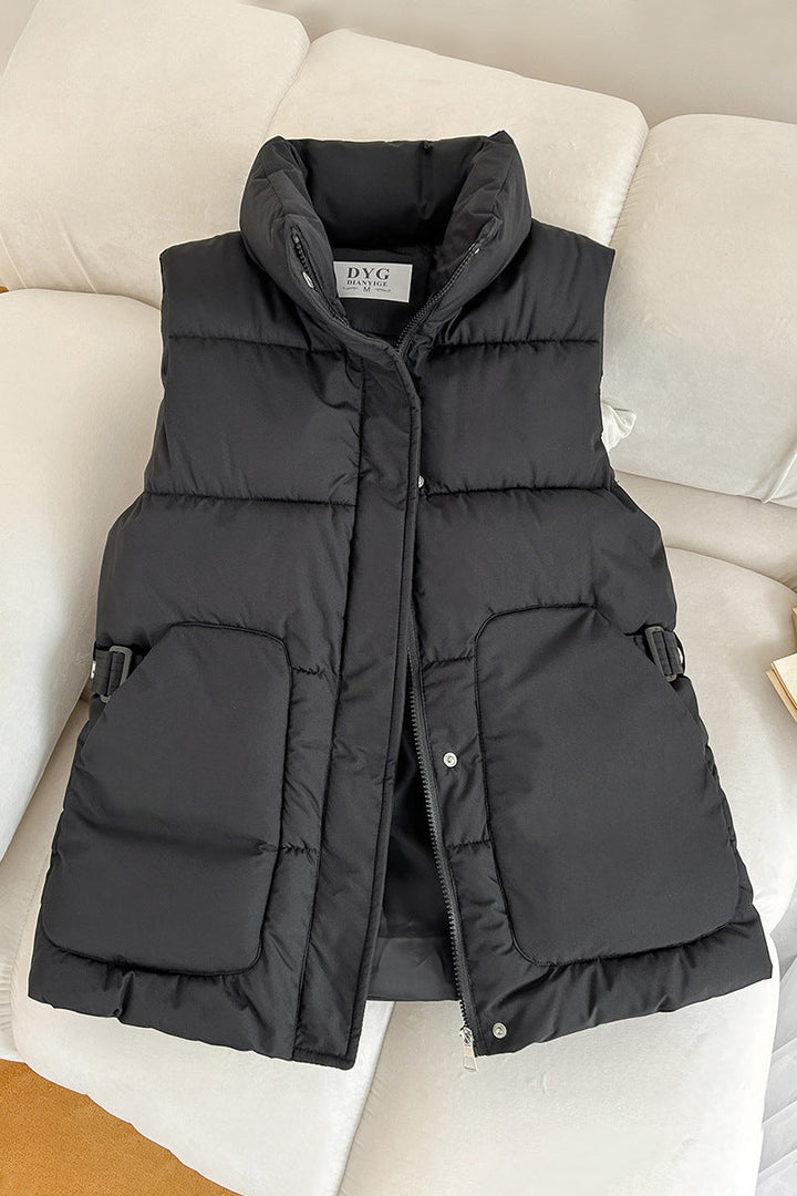 Women's Padded Utility Vest with Stand-Up Collar and Large Flap Pockets