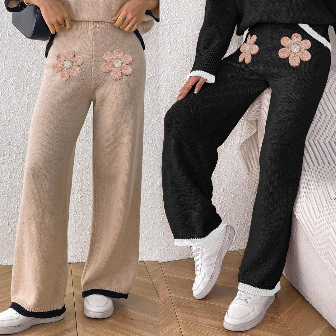 Women's Comfortable Knit Pants with Floral Application Design EB