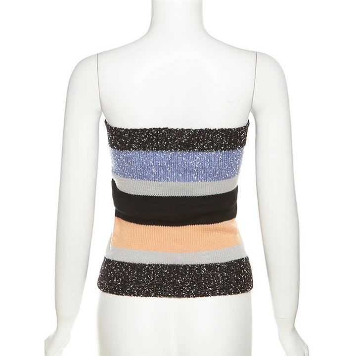 Women's Bandeau Top with Colorful Stripes and Decorative Buttons EB