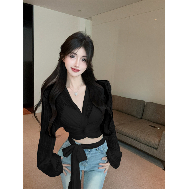 Bylle - V-neck Blouse with Bow and Ruffles