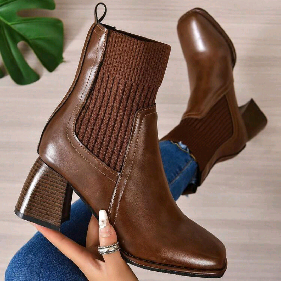Women's Slip-On Ankle Boots with Block Heel and Knit Shaft