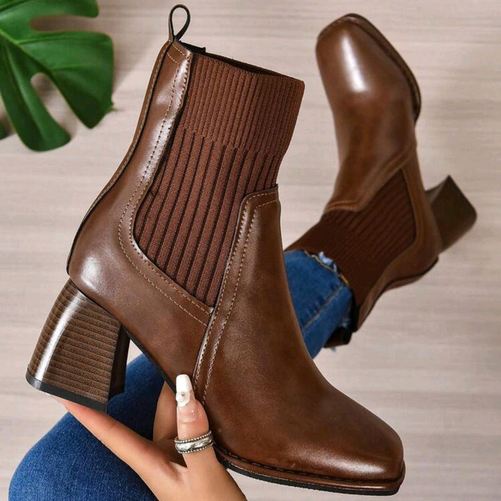 Women's Slip-On Ankle Boots with Block Heel and Knit Shaft